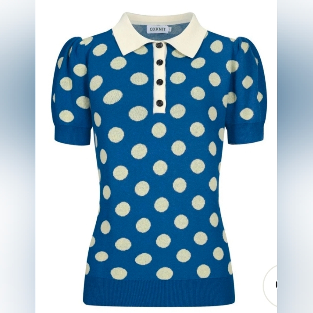 Oxknit Womens Vintage Blue Polka Dot Knitted Bubble Sleeve Polo Size L